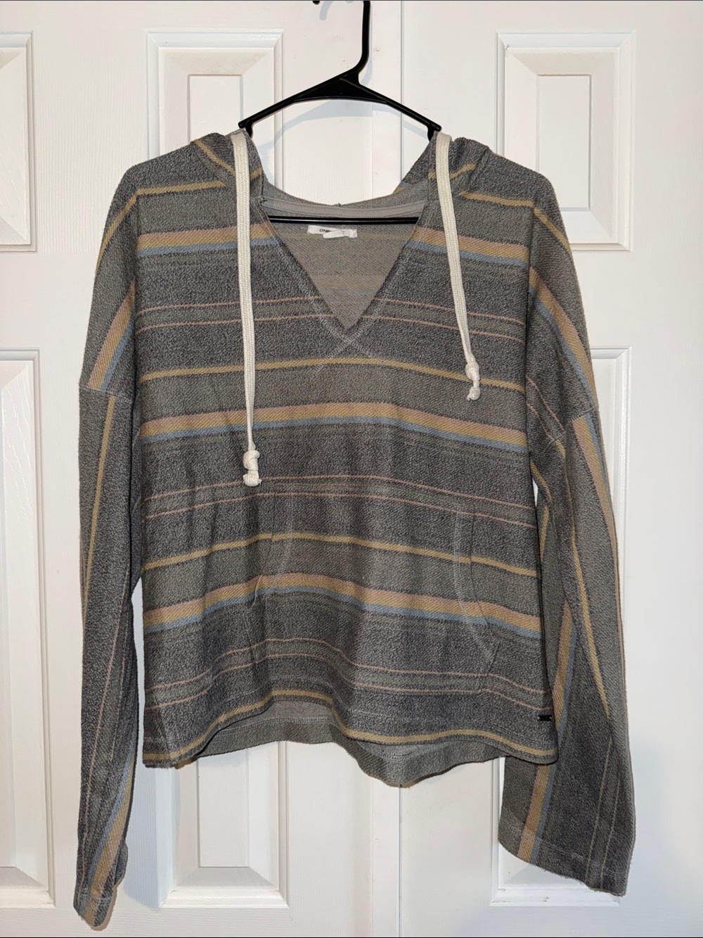 O'Neill Gray Striped V-Neck Hooded Pullover